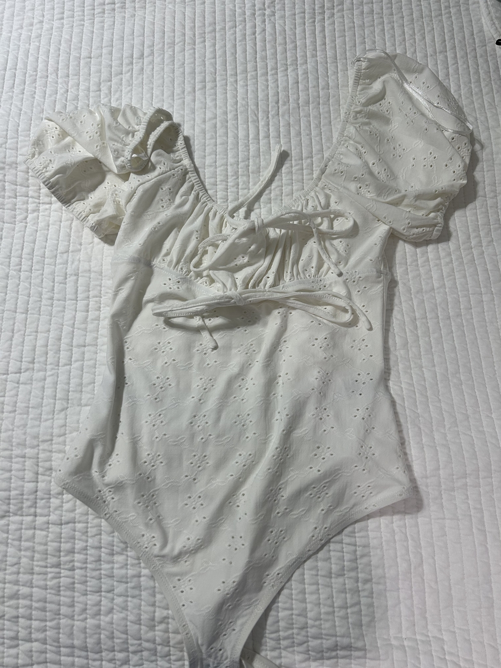 Girls' White Eyelet Puff-Sleeve One-Piece